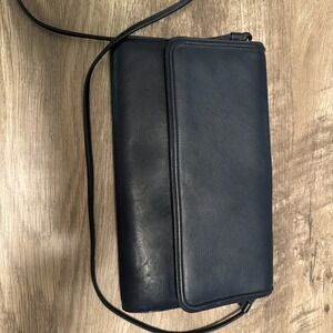 Vintage Ande Navy Blue Leather Clutch Purse Gold Chain Magnetic Snap Handbag
